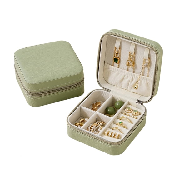 Portable Leather Travel Jewelry Box, Small Jewelry Organizer for Earrings, Studs, Necklaces and Rings, Compact Jewelry Case, Green