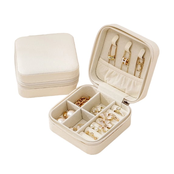 Portable Leather Travel Jewelry Box, Small Jewelry Organizer for Earrings, Studs, Necklaces and Rings, Compact Jewelry Case, White