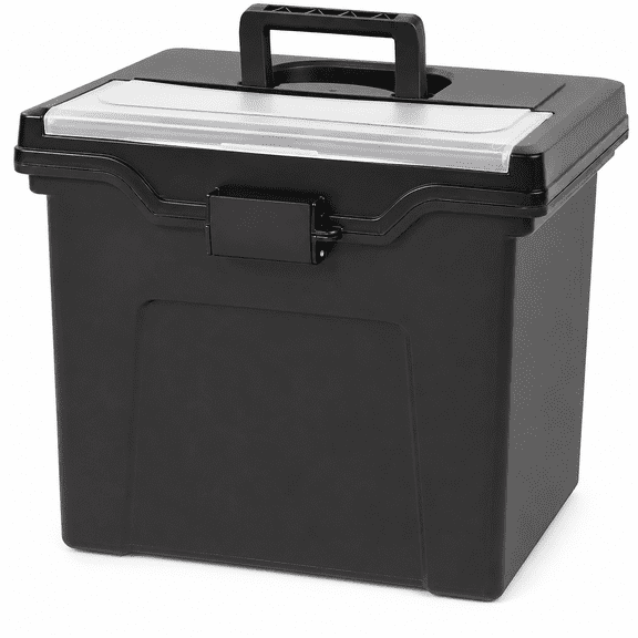 Portable Letter-Size File Box with Lid Organizer, Plastic Hanging Folder Storage Case with Handle, Secure Latches and Lock Hole, Black