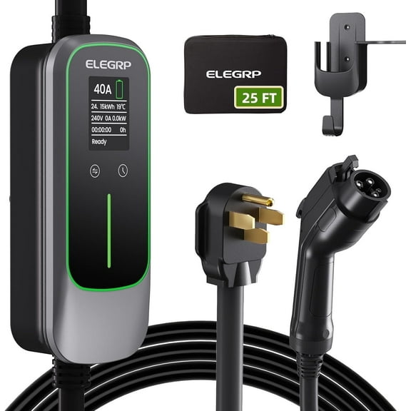 ELEGRP Portable Electric Vehicle Charger Level 2, EV Charger 240V 40A for BEVs/PHEVs,PBE & LCD TH, 25ft Cable W/NEMA 14-50 Plug, 1PC