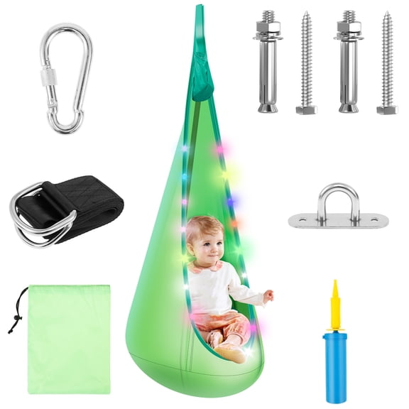 Portable Light Up Pod Swing Nylon Kids Hanging Pod Swing Chair with LED Light and Inflatable Cushion for Indoor and Outdoor Use