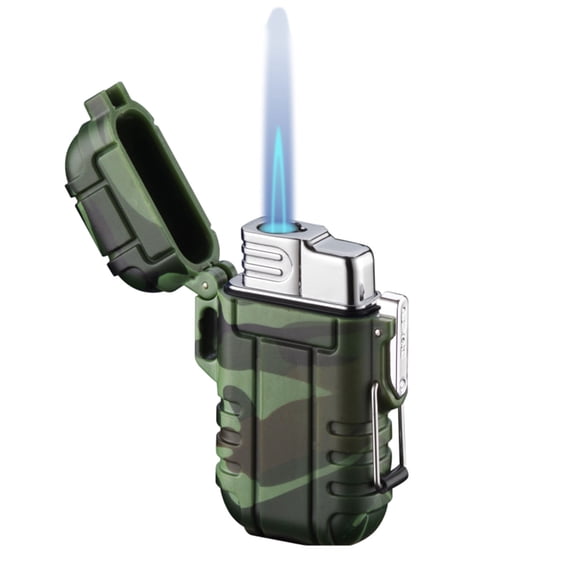 Portable Lighter, Windproof Blue Flame Butane Lighter, ABS Outdoor Camping Lighter with Electronic Ignition Refillable Gas, Green