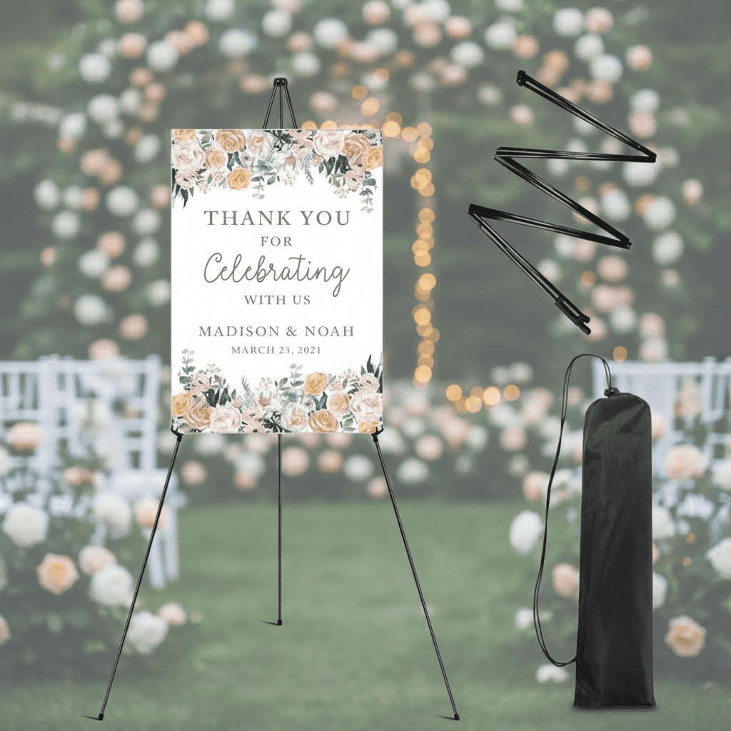 Portable Lightweight 63-Inch Tripod Easel Stand for Wedding Signs, Posters, and Display Boards with Carrying Bag, Metal Frame, Quick Setup