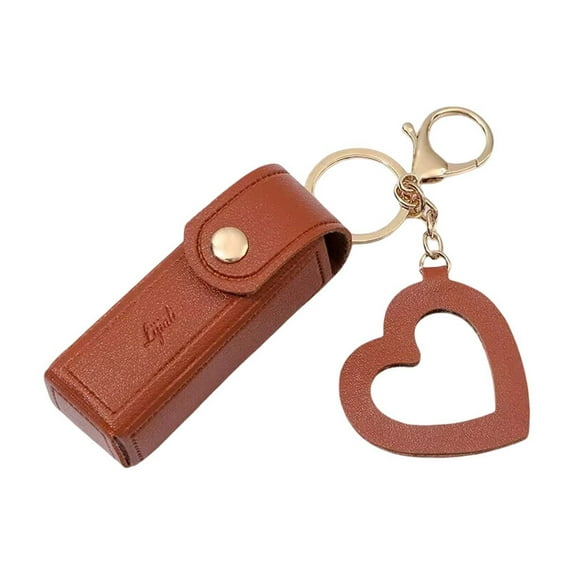 Portable Lip Gloss Keychain Holder with Mini PU Leather Lipstick for Travel Compact Makeup Organizer with Heart Pendant for Beauty