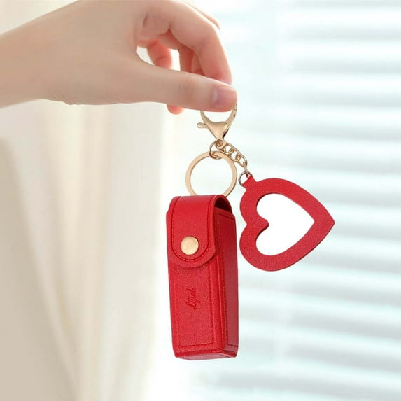 Portable Lip Gloss Keychain Holder with Mini PU Leather Lipstick for Travel Small Heart Pendant Storage Stylish Makeup Organizer for Women