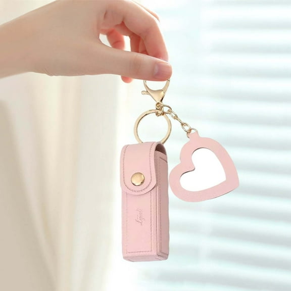 Portable Lip Gloss Keychain Holder with Mini PU Leather Storage for Travel Heart Pendant Accessory for Lipstick and Makeup