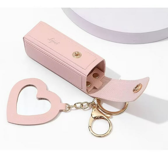 Portable Lipstick Case Keychain with Heart Mirror, Mini Coin Purse & Makeup Organizer for Women, Soft Zipper Bag for Lip Gloss, Credit Cards, Keys, Earphones, Travel and Daily Use-Pink