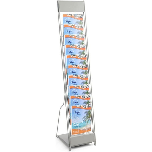 Portable Literature Stand with 10 Pockets for 8.5x11 Magazines, Carrying Bag Included, 54"h Floor-Standing Magazine Rack with Tiered Design, Steel (Silver)