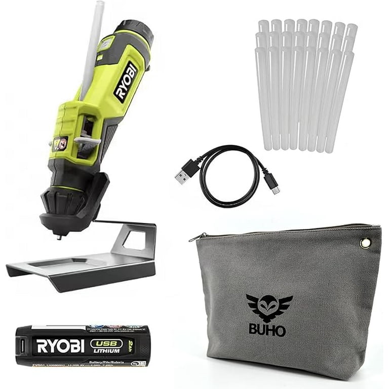 Portable Lithium Glue Pen Kit Bundle with Ryobi Cordless Glue Pen 24 Pack of Glue Sticks Buho Zipper Tool Pouch 2.0 Ah USB Lithium Battery Charging Cable and Drip Tray Stand Walmart