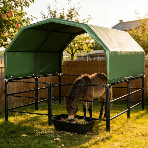 Portable Livestock Corral Kit with Shelter Canopy, 8-Panel Steel Corral Panels Fence, 8x8x7 FT Waterproof Shade Cover for Horses, Goats & Sheep