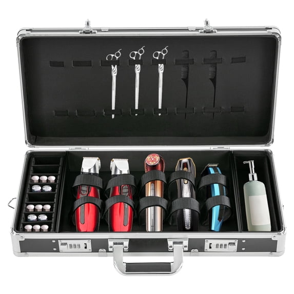 Portable Lockable Professional Salon Travel Case with Shoulder Strap, Makeup Storage Organizer Makeup Hairdressing Case Cosmetic Travel Organizer Barber Storage Case (Silver)