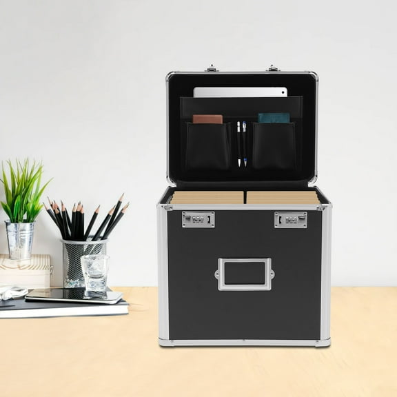 Portable Locking Storage Box- 13.8*10*13.4inch Large,Dual Combination Lock Aluminum Alloy File Organizer - Multi-Slot Sorting for Filing Letters & Documents w/Lock, Black
