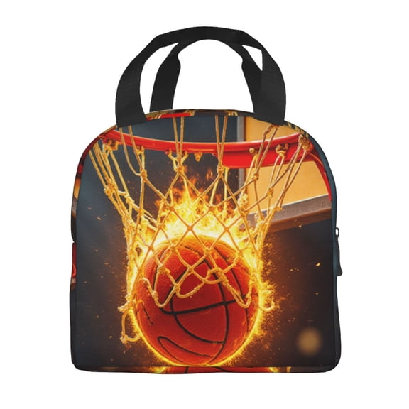 Portable Lunch Bag Insulated Basketball In Fire Hoop Lunch Box Reusable Tote Bag Unisex for Work, Travel, Picnic, Office, Camping, Hiking, Picnic, Beach