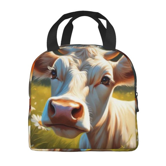 Portable Lunch Bag Insulated Cow Daisies Meadow Field Lunch Box Reusable Tote Bag Unisex For Work, Travel, Picnic, Office, Camping, Hiking, Picnic, Beach
