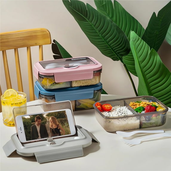 Portable Lunch Box with Clear Cover, Leak-Proof Insulated Bento Box Containers with Spoon and Fork, Two Side Divided Food Storage Box for Home Office Work and Travel