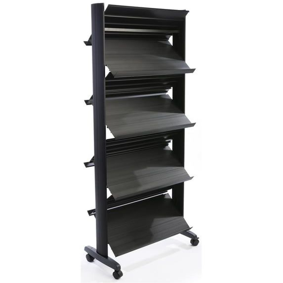 Portable Magazine Rack, 8 Shelves, Double Sided, 28"x13" Shelves, 67"H, Locking Wheels (Black Plastic) (ZMAG8S78)