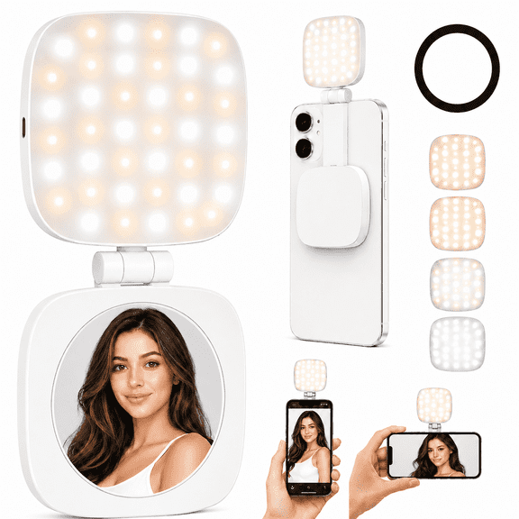 Portable Magnetic Selfie Light with Mirror, Rechargeable Phone Light, 4 Color Modes, 6 Brightness Levels, 360° Adjustable for Live Streaming & Vlogging, White