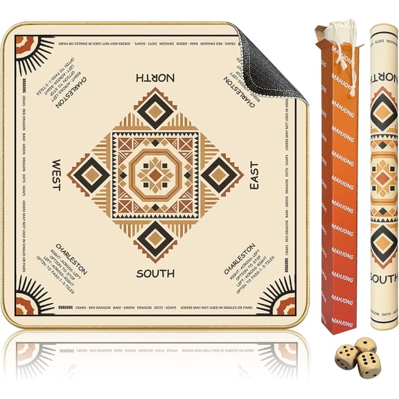 Portable Mahjong Mat with Rules (33"x33"), Ethnic Style Game Mat Noise Reduction Non-Slip, No Creases Rubber Table Mat Cover with Drawstring Bag & 3 Dice for Poker, Card, Tile & Board Game