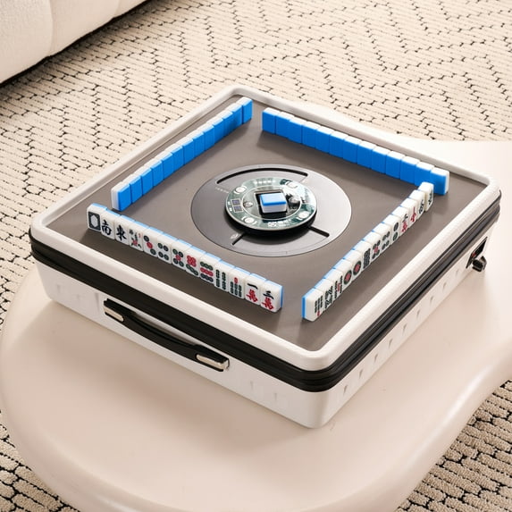 Portable Mahjong Table, Automatic Foldable Mahjong Table Table w/ 144 Magnetic Tiles, Auto Shuffling Mah Jong Table for Indoor & Outdoor, Suitable for Chinese & Filipino Style, White
