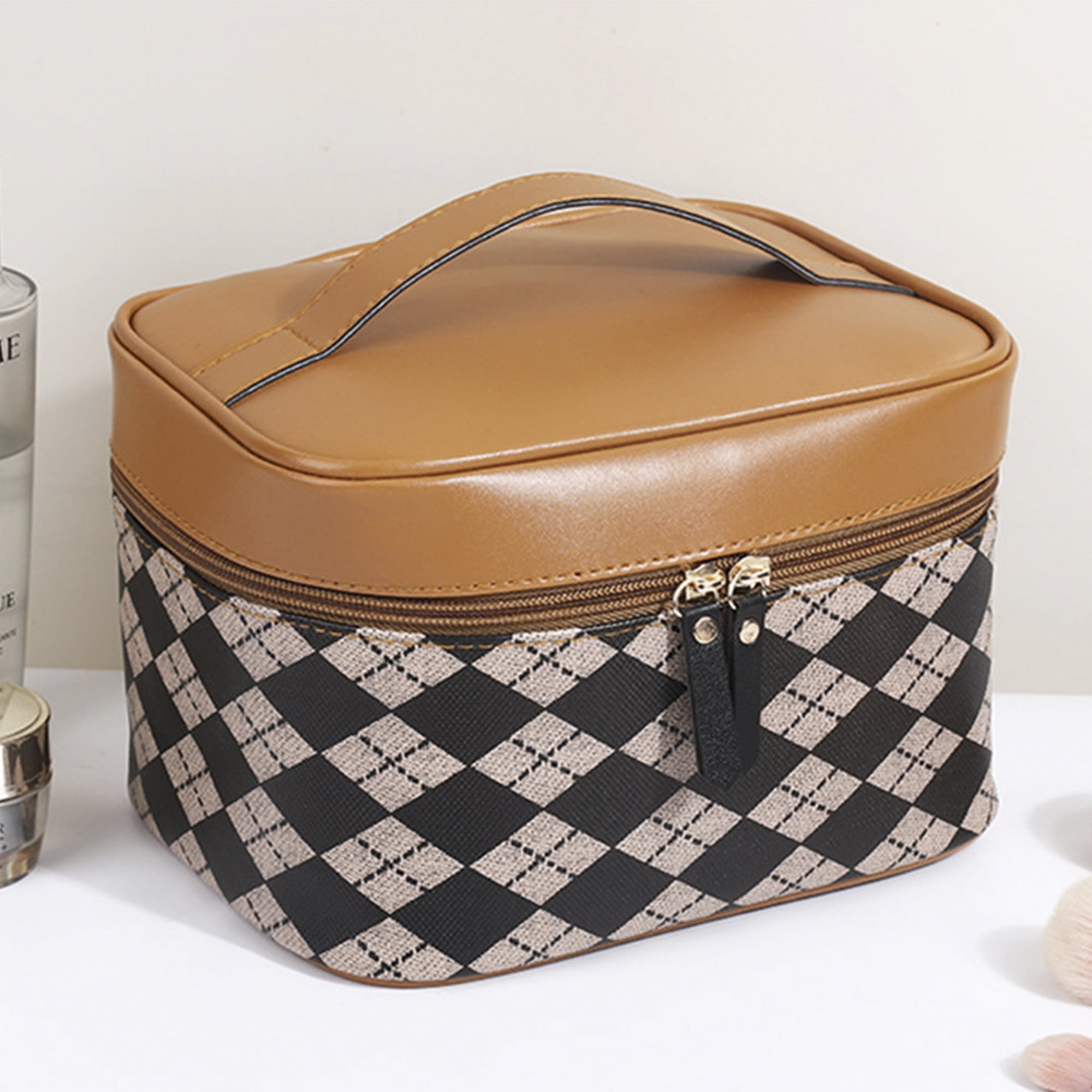 Luxury Checkered Make Up Bag, PU Vegan Leather Cosmetic Toiletry