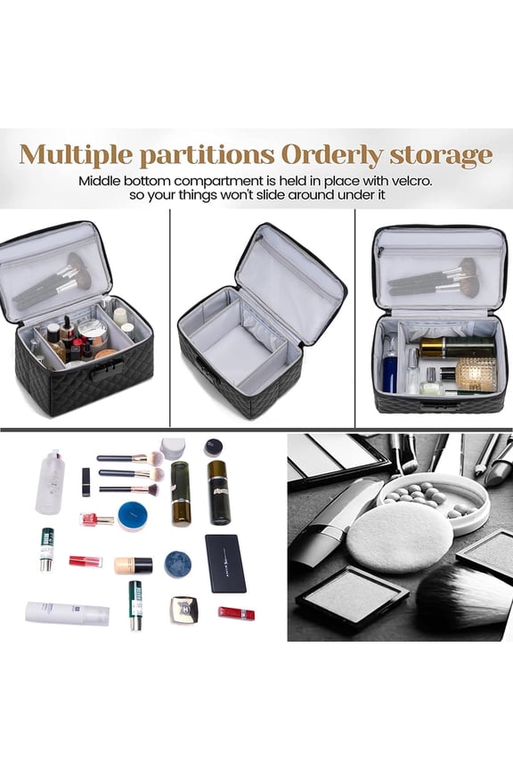 Portable Makeup Box with Lock, Large Capacity Travel Cosmetic Bag Organizer, Black