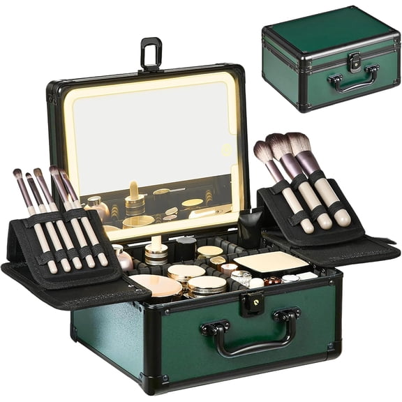 Portable Makeup Case with LED Lighted Mirror, Waterproof Cosmetic Organizer Box, Detachable Travel Train Case with Standing Brush Holder, Black Green Gift Set