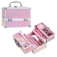 thumbnail image 1 of Portable Makeup Case Organizer 4 Trays Makeup Box Lockable Beauty Cosmetic Train Case Traveling Make up Storage, Pink, 1 of 7