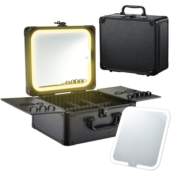 Makeup Train Case with Magnetic Detachable Lighted Mirror Cosmetic Case Travel Makeup Box with Dividers Brush Holder, Black