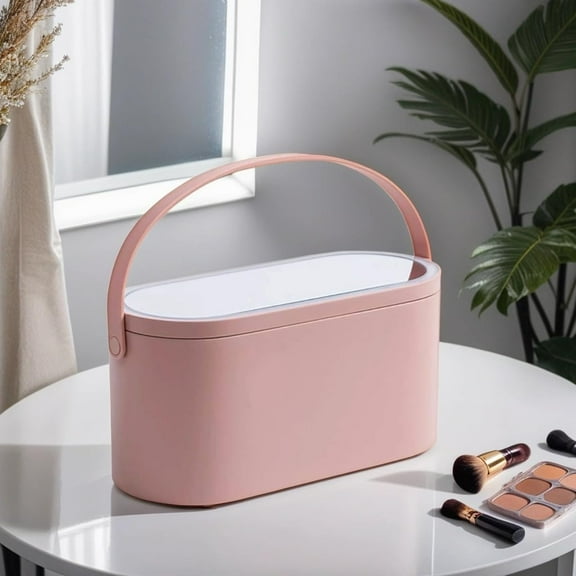 Portable Makeup Organizer Box with LED Mirror - Pink