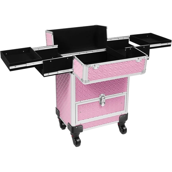 Portable Makeup Organizer Suitcase, Stylist Beauty Salon Luggage, Makeup Case w/ 4 Removable Wheels & Sliding Drawers for Barber Store