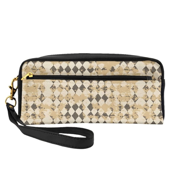 Portable Makeup Storage Bag 7.87×3.35×2.16in Portable Design Pu Leather Made Of A Bag For Multi-Use Tan Houndstooth Vintage Texture Hand-Drawn Sketch_3