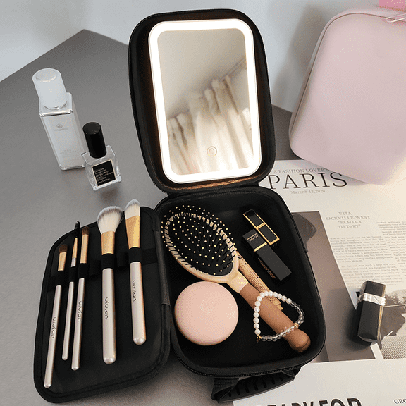 Portable Makeup Train Case with LED Mirror, 3 Color Scenarios Stepless Dimmable Light, Large Capacity Makeup Bag Organizer for Travel Daily Use and Commuting