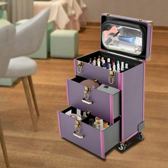 Portable Makeup Train Case Professional Cosmetic Trolley Travel Vanity Organizer