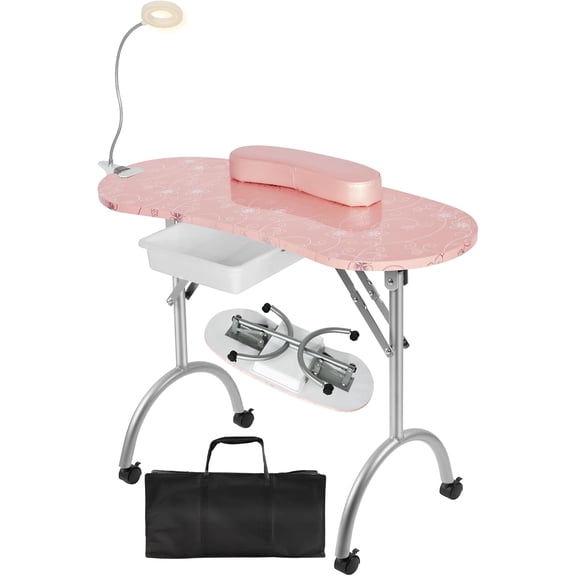 Portable Manicure Nail Table, Foldable Manicure Table with Drawer, LED Lamp, 4 Lockable Wheels and Carry Bag, Professional Nail Desk with Wrist Cushion, Pink, 30 Inch Height