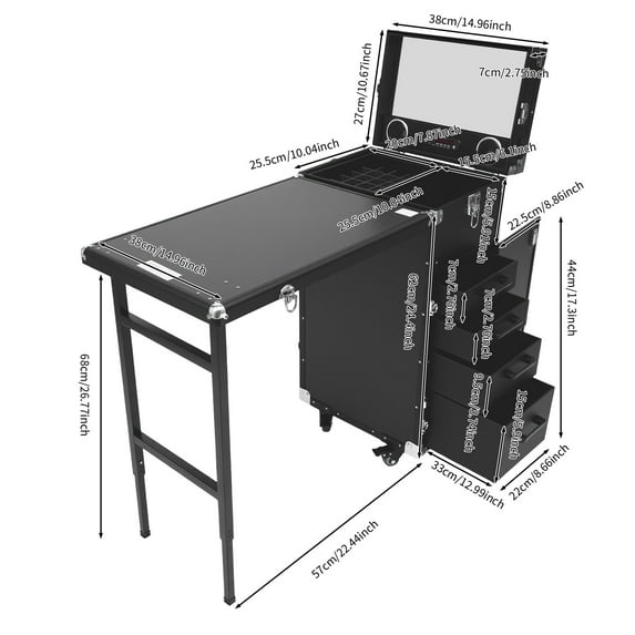 Portable Manicure Table Nail Desk Rolling Cabinet W/ Drawer, Remote Control