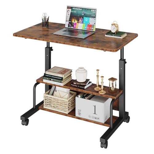 Portable Manual Height Adjustable Desk for Office, 31.5" Tabletop, Lockable Casters and Double Tier Storage Design