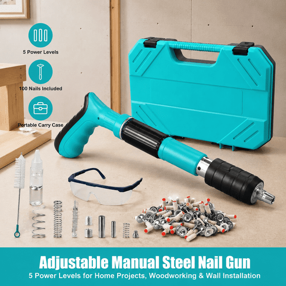 Portable Manual Steel Nail Gun Kit with 5 Adjustable Power Levels, 100 Nails, Teal Carry Case, Handheld Nailer Tool for Home Woodworking and Light Wall Installation
