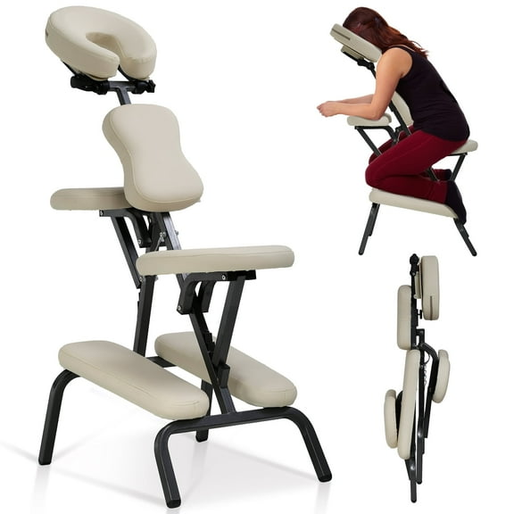 Portable Massage Chair Leather Tattoo Chair 4 Inches Thickness Salon Spa Chair Adjustable Therapy Chair w/Carrying Bag & Face Cradle, Cream