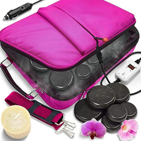 Portable Massage Stone Warmer Set - Electric Spa Hot Stones Massager and Heater Kit with 6 Large and 6 Small Round Shaped Basalt Massaging Rocks, Digital Controller Heating Bag