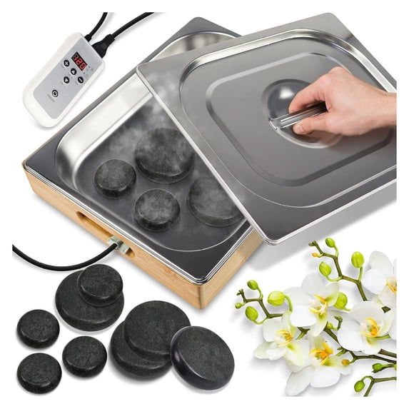 Portable Massage Stone Warmer Set Electric Spa Hot Stones Massager and Heater Kit with 6 Large and 6 Small Round Shaped Basalt Warm Massaging Therapy Rocks Equipment, Digital Controller Heating Bag