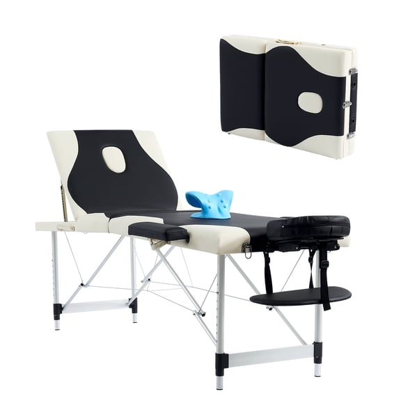 Portable Massage Table,84 Inch Massage Tables Portable with Neck Stretcher 3 Fold Adjustable Height Lash Bed Massage Bed Tattoo Table for Eyelash Tattoo Spa (Aluminum, Black+Cream-3 Fold)