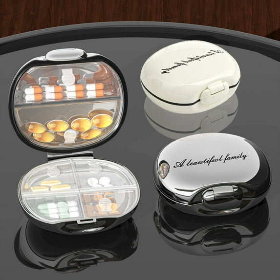 Portable Medication Storage Box - 6 Compartments Pill Organizer, Travel Case, Waterproof, Moistureproof, Silver/Beige, BPA-Free Plastic, 3.35" Size, Easy Clean, Secure Rx Separation