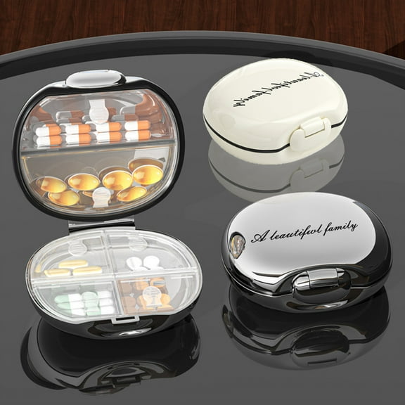 Portable Medication Storage Box - 6 Compartments Pill Organizer, Travel Case, Waterproof, Moistureproof, Silver/Beige, BPA-Free Plastic, 3.35" Size, Easy Clean, Secure Rx Separation