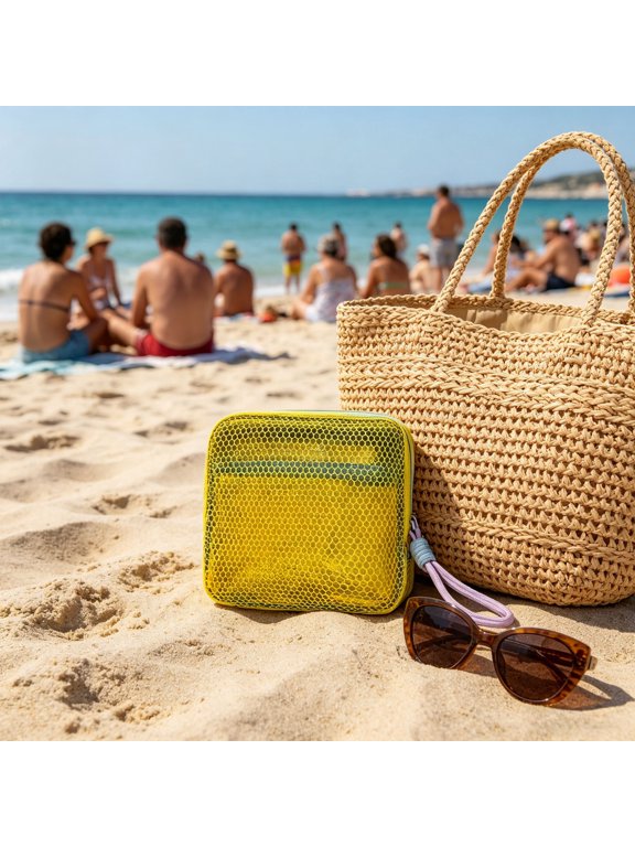 Portable Mesh Beach Bag & Travel Toiletry Organizer,Lightweight, Sand-Proof Nylon Cosmetic Pouch with Transparent Design, Foldable & Spacious for Pool, Gym, and Daily Use(5.11*5.11*1.57 in)Yellow