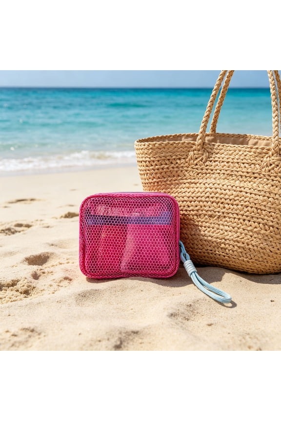 Portable Mesh Beach Bag & Travel Toiletry Organizer,Lightweight, Sand-Proof Nylon Cosmetic Pouch with Transparent Design, Foldable & Spacious for Pool, Gym, and Daily Use(5.11*5.11*1.57 in)Pink