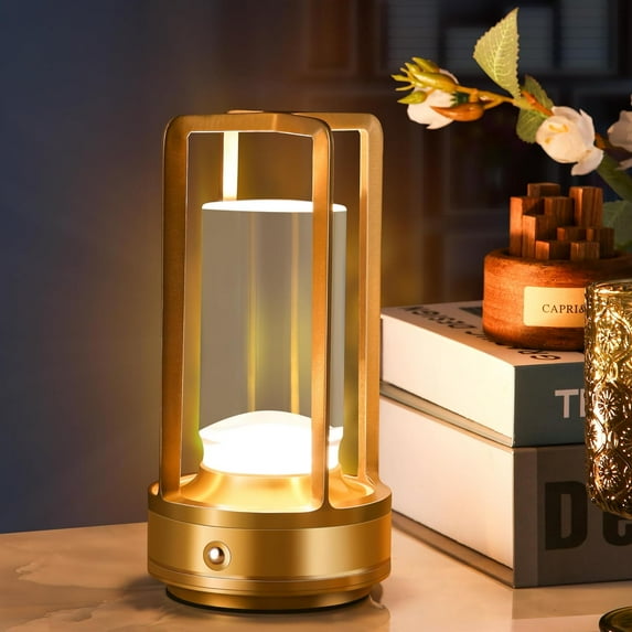 Portable Metal Desk Lamp,Cordless Table Lamp for Outdoor Indoor,Rechargeable LED Crystal Lantern Lamp,3 Color Stepless Dimming Touch,Battery Powered Table Light for Bedroom Restaurant (Gold)