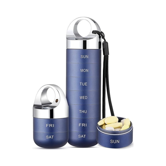 Portable Metal Pill Organizer, 7-Day Weekly Pill Box, Large Aluminum Alloy Medicine Container for Vitamins & Daily Medication Travel Home Use(Navy Blue)