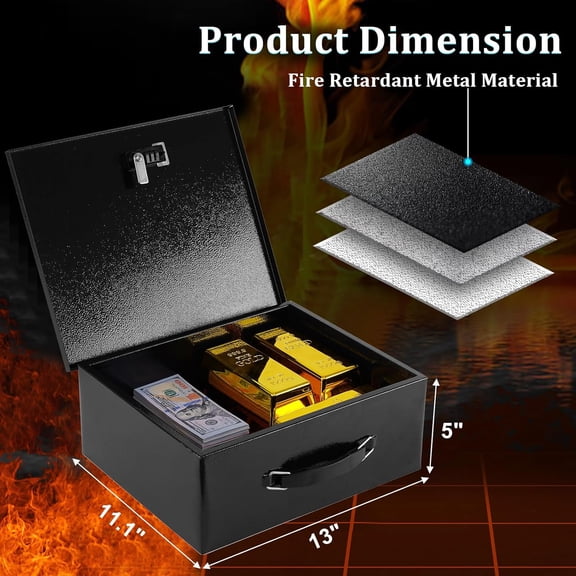 Portable Metal Safe Box with Dual Combination and Key Lock - Fire Resistant Storage for Documents, Car, Home and Outside - X Large 13.2"x 11"x 5.1" Black Box