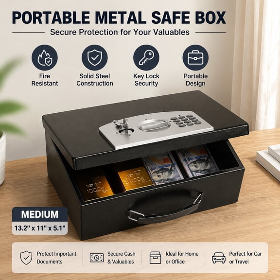 Portable Metal Safe Box with Digital Code Lock, Fire Resistant Document Storage, Fireproof Safe for Home, Office, Car, Medium, Black