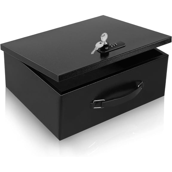 Portable Metal Safe Box with Dual Combination and Key Lock - Fire Resistant Storage for Documents, Car, Home and Outside - Black Box